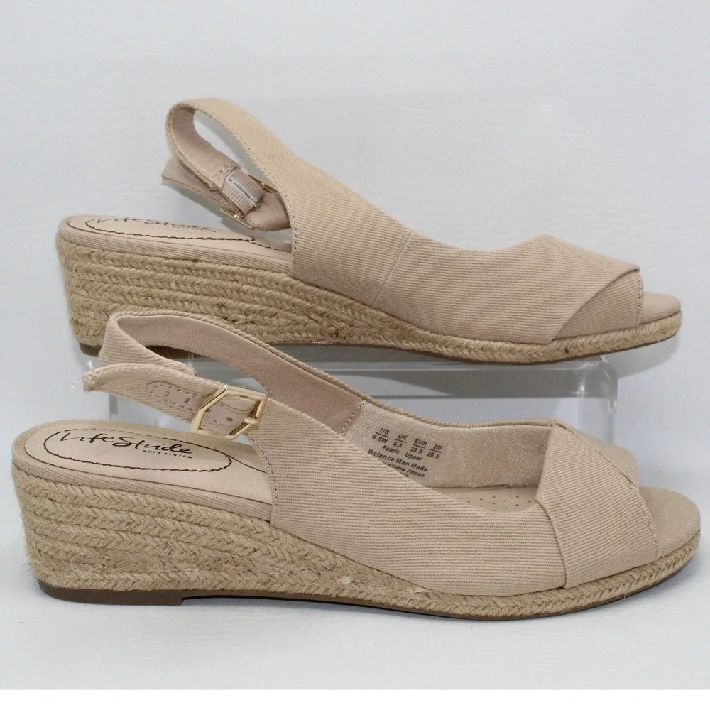 LifeStride Socialite Tan Fabric Espadrille Wedge Sandals Womens 9.5W Peep‎ Toe